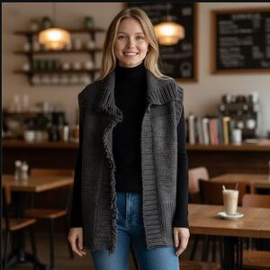 NWT Saks Fifth Avenue Women’s Charcoal Sweater Vest with Fringe Trim Winter Warm